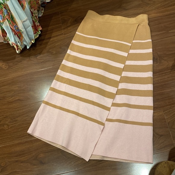 JOOSTRICOT / PEACHSKIN brown pink camel striped wrap effect skirt Ponte midi XS - Picture 5 of 7